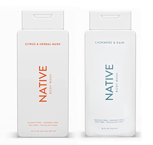 Native Body Wash Twin Pack For Women And Men | Vegan, Sulfate Free, Paraben Free, Dye Free, With Naturally Derived Clean Ingredients, 18 Fl Oz (532 Ml) Each (Citrus & Herbal Musk/ Cashmere & Rain) 2 #TOP6