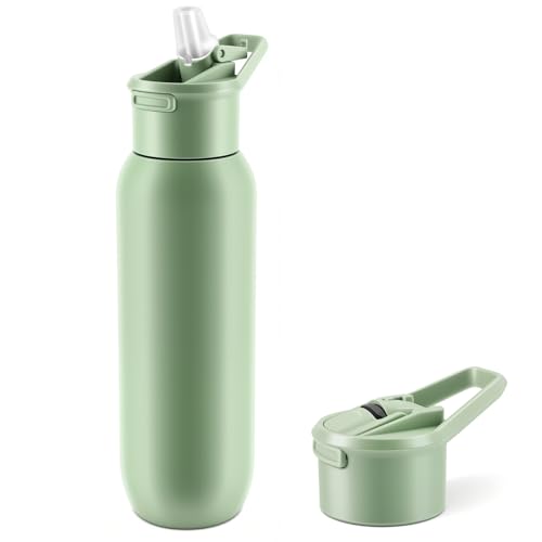 Zosenyer Trinkflasche 600 ml, Edelstahl Trinkflasche mit Strohhalm, Doppelwandiger Thermobecher, Auslaufsichere Sportwasserflasche, Deckel & Griff, BPA-Frei, für Büro, Schule, Sport, Reisen (Grün)