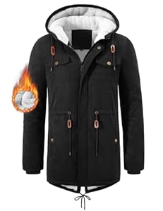 Vijamiy Winterjacke Herren Fleece Gefüttert Winterparka Mit Kapuze Warm Winddicht Lang Mantel Herren Winter Outdoor Parka Jacke(Schwarz,L)
