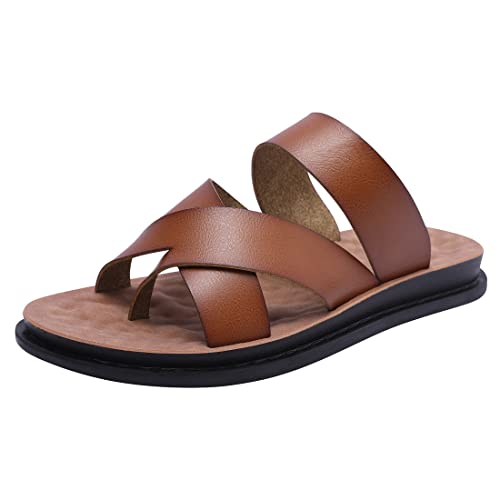 Harssidanzar Leather Sandals Flip flops Slip On Cross Straps Slide Sandals Toe Ring Style For Man KM221UK,Khaki,Size 9.5