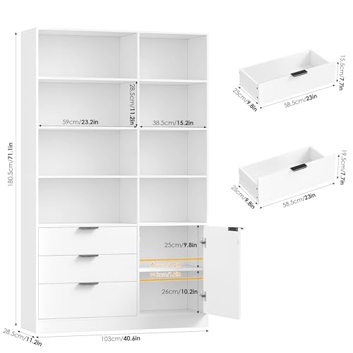 HOCSOK Bibliotheque Meuble de Rangement, Étagère à 7 Niveaux, 3 Tiroirs – vue 2