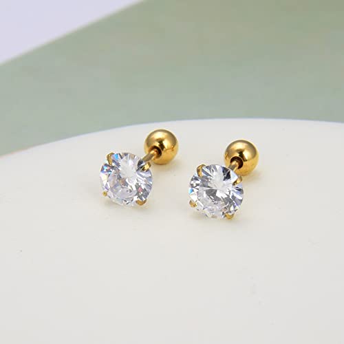 4 Pairs Screw Back Surgical Stainless Steel Stud Earrings, Gold Plated Silver Heart Star Square Princess Cut Round CZ Cubic Zirconia Stud Earrings Set3