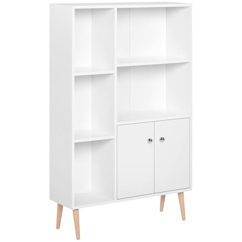HOMCOM Bibliothèque scandinave Meuble de Rangement dim. 80L x 23,5l x 123H cm 5 niches Placard 2 Portes Pieds effilés inclinés Bois Massif Panneaux...