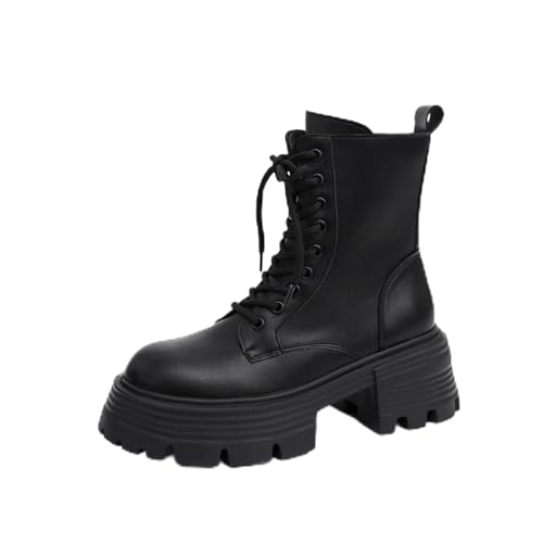 Womens Leather Chunky Platform Lace-Up Ankle Boots Fashion Comfortable Wide Round Toe Block Heel Lug Sole Goth Combat Booties With Side Zipper For Business Work Dress