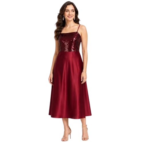 Kaayan Women’s Sequin Spaghetti Strap Midi Dress, Elegant Sleeveless A-Line Dress for Women Size L Wine Red