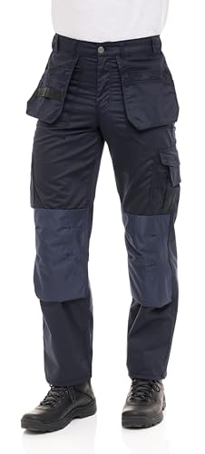 Men's Heavy Duty Construction Pants with Cordura Knees & Tool Pockets - Durable Work Trousers Navy W40-L32