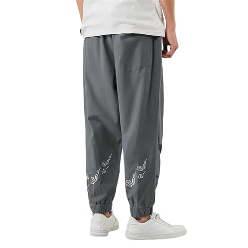 Pantalon en lin homme brodé style chinois ample coupe 7/8 léger pour l'automne