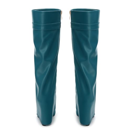 Fold Over Wedge Boots for Women Knee High Zipper Round Toe Tall Boots Wide Calf High Heel Long Boots4
