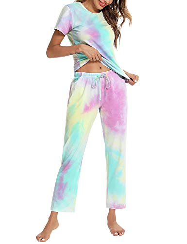 Eishopeer Women's Tie Dye Printed Pajama Set Short Sleeve Top & Long Pants Sleepwear Pjs Sets Multicolored M #TOP2