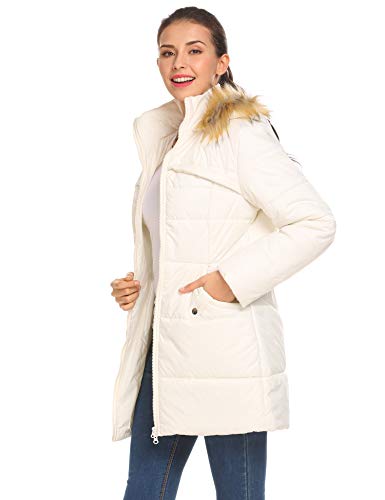 FineFolk Women's Winter Trench Coat Down Jacket with Faux Fur Trim Hood White