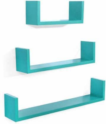 Image of DECORVISTA Wooden Handcrafted Wall Shelf Beautiful Floating Wall Racks Shelves Living & Bed Room Decor U Shaped Set of 3 (Multi) (Dark Blue)