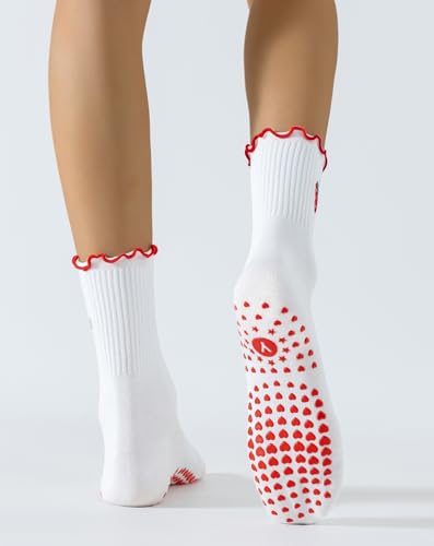 Image of Yawlsow Cute Pilates Grip Socks for Women Ruffle Frilly Yoga Socks Non Slip Cotton Crew Grippy Sock for Barre Workout