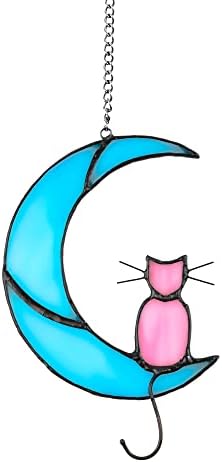 Zedesey Cat Memorial Gifts Stained Glass Window Hanging Ornament Garden Suncatcher Gifts for Cat Lover for Women (Pink Cat on Blue Moon)