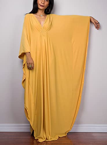 Image of RanRui Caftans for Women Solid Color Chiffon Plus Size Kaftan Dresses Beach Cover Up V Neck Batwing Sleeve Caftans Loungewear