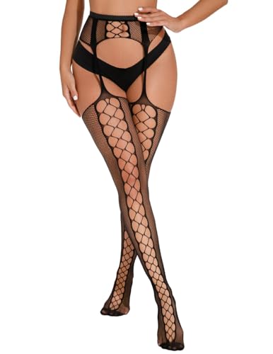 Women’s Sexy Fishnet Lace Suspender Tights High Waist Sheer Cut Out Pantyhose Garter Belt Thigh High Stockings