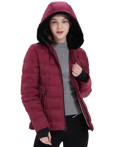 Women Down Puffer Jacket, Hooded Puffer Coat with Faux-Fur Hood & Collar Thumb Hole