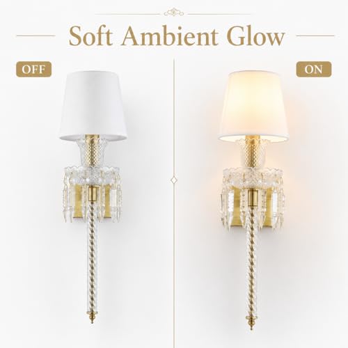 Image of Modern Crystal Wall Sconce with Linen Shade Vintage Crystal Gold Wall Light Modern Glass Golden Wall Lamp for Bedroom, Hallway, Living Room, Mirror