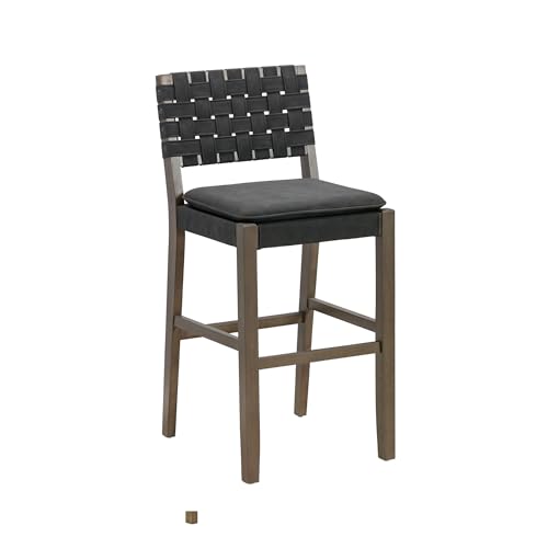 Image of Nathan James Cohen Mid-Century Modern 29 in. Wood Bar Stool, Upholstered Faux Suede Bar Height Stool with Solid Wood Frame, Black