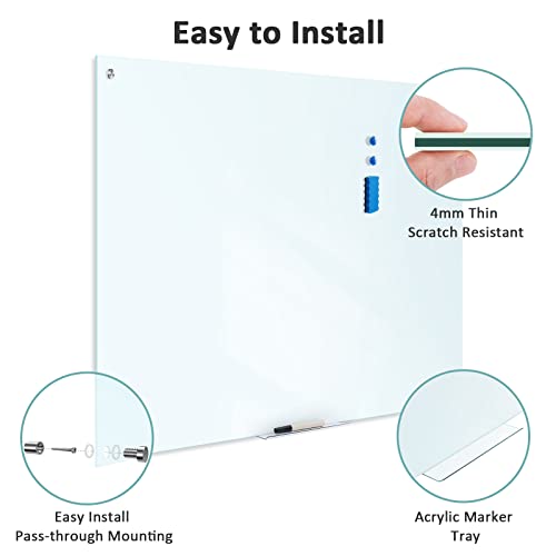 Tianse Glass Whiteboard, Magnetic Dry Erase White Board - 48" X 36" Large Frameless Clear Wall Hanging Mount Whiteboard For Office, Home, School, Includes Markers, Magnets, Marker Tray, Eraser #TOP1