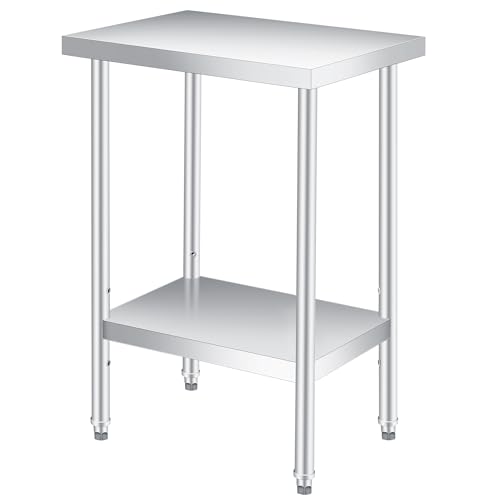 Image of Stainless Steel Table, 24 inch x 14 inch Heavy Duty Worktable with Adjustable Undershelf, 2 Tier Metal Prep Table for Commercial Kitchen, Restaurant, Garages