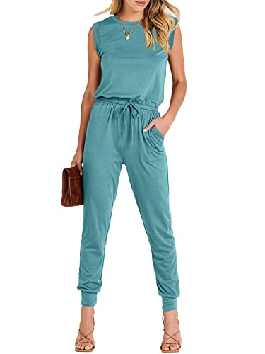 ANRABESS Womens Summer Sleeveless Jumpsuits Casual Dressy Stretchy Crewneck Rompers One Piece Outfits Fall Fashion 2025 Lake Medium