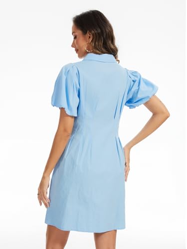 Image of D-Sun Women's Short Puff Sleeve Shirt Dress Button Down Pleated Mini Dress Casual Short Dresses