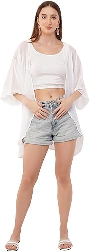 Women Cover Up Beach Front Open Blouse Cardigans Kimono Tops | for Women Swimwear Coverups Summer Beach | Wear Wraps (Color-White) Plus Size-image-5