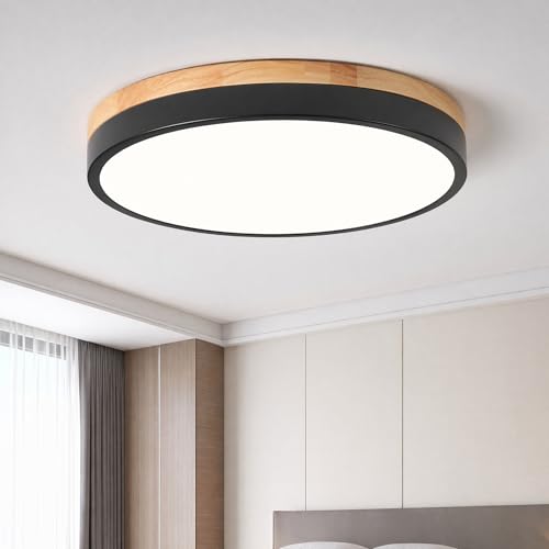 Image of Modern Wood Black Flush Mount Ceiling Light 11.81 Inch