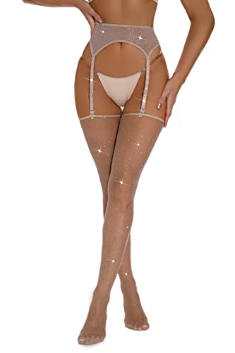 Lidogirl Women's Rhinestone Garter Belt With Fishnet Stockings Skin #TOP2