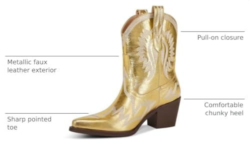 Image of HOCHFART Western Boots for Women Metallic Embroidered Pointed Toe Cowgirl Boots Chunky Heel Pull-On Short Cowboy Boots Wide Calf Country Ankle Boots