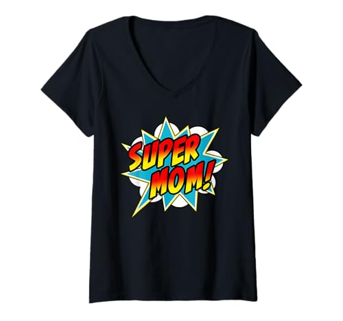 Femme Super Mom Bande dessinée Super-héros fête des mères drôle T-Shirt avec Col en V
