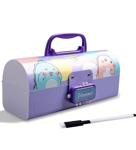 Image of LONGMIRE Plastic Pen & Pencil Box | Suitcase Style Password Lock Case, Multi-Layer Organizer for Kids, Boys, Girls (Dinosaur-Purple)