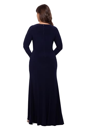 Image of Betsy & Adam Women's Long Sleeve V-Neck Jersey Knit Formal Evening Gown with Side Slit and Cascading Ruffle Detail