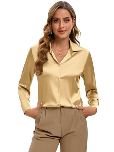 Image of Premium Soft Breathable Stretch Satin Silk Button Down Shirts for Women Long Sleeve Leopard Blouses Work Dress Tops