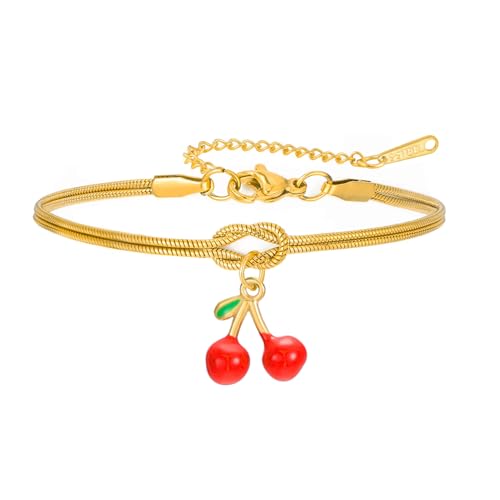 Dainty Cherry Charm Stainless Steel Bracelet for Women Cute Sweet Red Enamel Fruit Pendent Adjustable Snake Chain Summer Beach Fashion Trendy Jewelry Party Birthday Sisters Gifts (Gold)