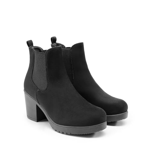 DREAM PAIRS Women's High Chunky Heel Chelsea Ankle Boots Slip On Elastic Fall Heeled Booties Shoes,Size 7.5,Black,FRE