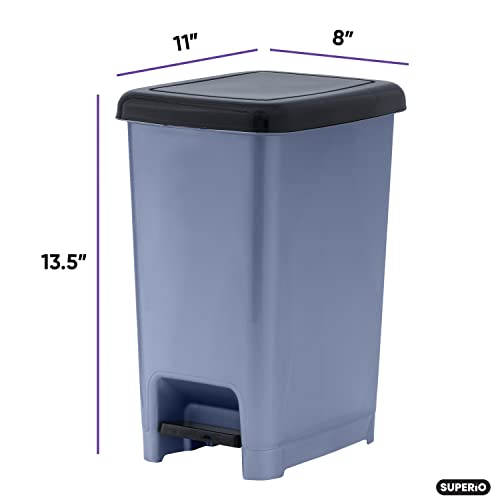 Superio 2.5 Gal Slim Step On Pedal Plastic Trash Can, Waste Bin For Under Desk, Office, Bedroom, Bathroom- 10 Qt,Grey/Black #TOP1