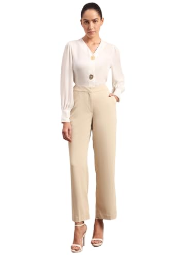 Image of VERO Moda Women's Relaxed 'Desk-to-Dinner' Straight Fit High Rise Stretch Formal Trousers | Formal Pants for Women