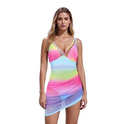 Women's Sexy One Piece Swim Dress Deep V Neck Tummy Control Sheer Swimsuits Sarong Wraps Bathing Suit Bikini