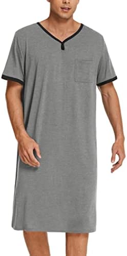 Mens Nightshirt, Comfy Loose Night Shirts Short Sleeve Nightwear Cotton Sleep Soft Sleepwear V Neck Pajama Loungewear Grey