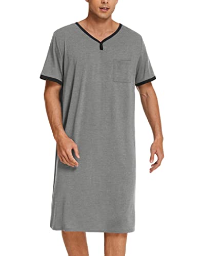 Mens Nightshirt, Comfy Loose Night Shirts Short Sleeve Nightwear Cotton Sleep Soft Sleepwear V Neck Pajama Loungewear Grey #TOP2