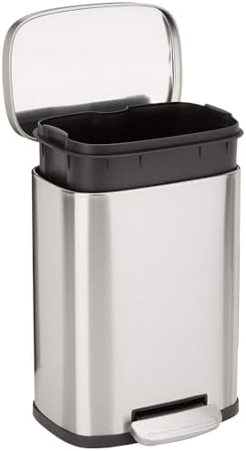 Amazon Basics MINI Trash Can, 1.32 Gallon (5L) Smudge Resistant Rectangular Bin with Soft-Close Lid, Step Foot Pedal, Removable Inner Bucket, Brushed Stainless Steel, for Bathroom, Satin Nickel Finish