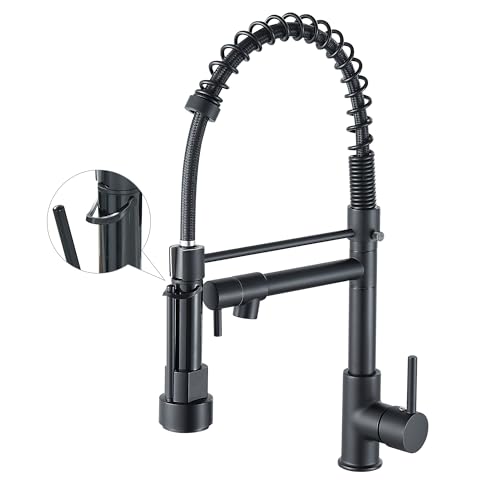 Grifo de cocina con rociador extraíble de arco alto, grifo de cocina de una sola manija con resorte, grifo de fregadero de cocina mate negro