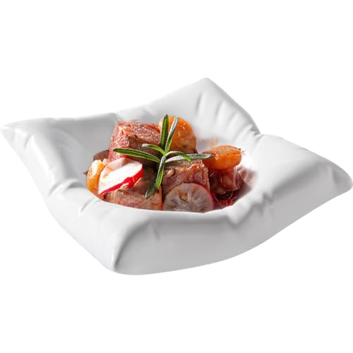 EHERDM Ceramic Pillow-Shaped Plate, Creative White Square Dessert and Appetizer Serving Dish for Salad, Fruit, Steak, Wedding, Kitchen and Party, 6-Inch