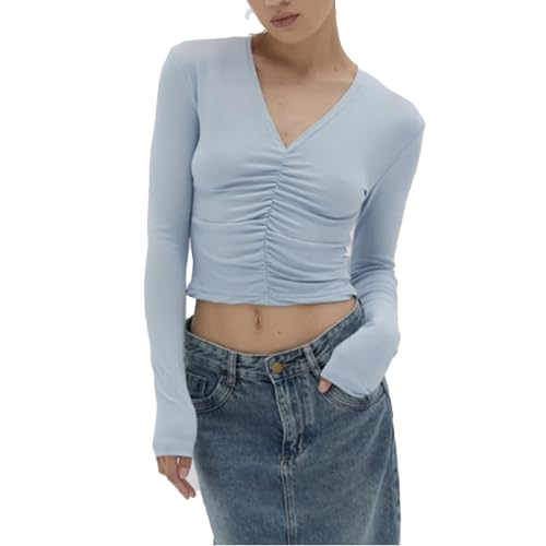 Blusa, Top de Mujer Color Sólido Simple Plisado Recortado para la Calle (L)