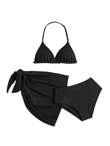Image of SHENHE Girl's 3 Pieces Halter Triangle Bikini Sets Spaghetti Strap Swimsuit Smocked Bathing Suit with Beach Skirt