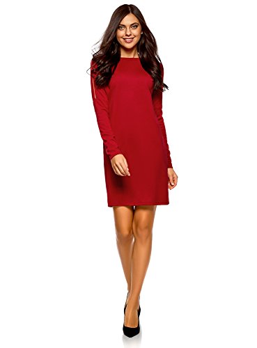 oodji Collection Femme Robe en Maille avec Zips Décoratifs sur Les Épaules, Rouge, FR 36 / XS