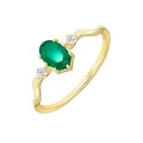 Grewod Anillo Vintage con Calcedonia Ovalada y Circonita Mujer Talla 18, Oro 9K, Joyería con Piedra
