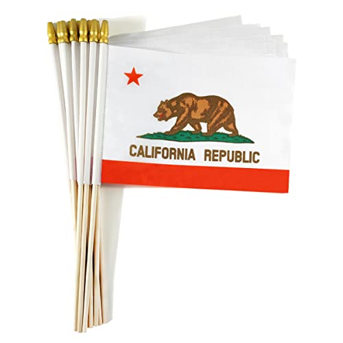 QQSD California Small Flag Stick Mini Hand Held Flags - Solid Wooden Pole with Spear Top, 12 Pack