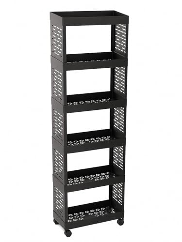 Image of 6-Layer Plastic Kitchen Storage Trolley Rack with Caster Wheels, Rolling Utility Cart with Slide-Out Shelves, Home Organizer for Kitchen, Bathroom, Office| Black (1 Pcs, 6 Layer)